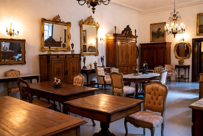 Antique furniture showroom with vintage tables, cabinets, mirrors, lighting, and décor