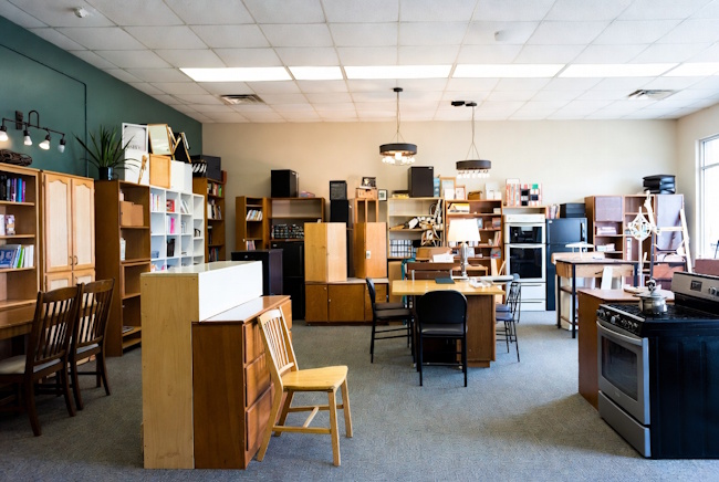 Nonprofit resale store with gently used furniture, cabinets, chairs, and home improvement items