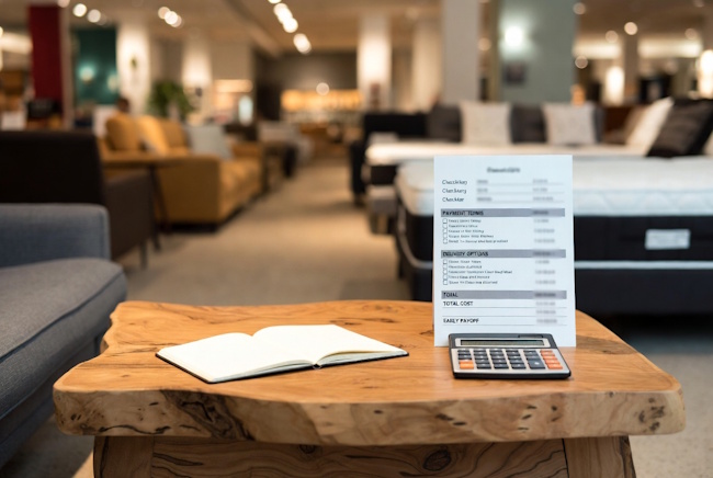 Notebook and payment checklist explaining how rent-to-own furniture works