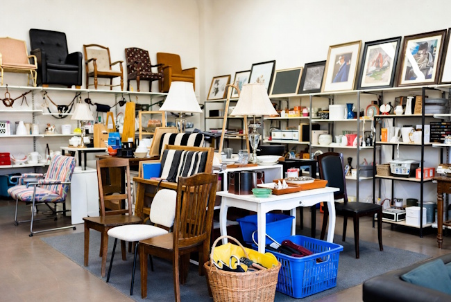 Thrift store furniture and home goods with chairs, lamps, artwork, and small tables