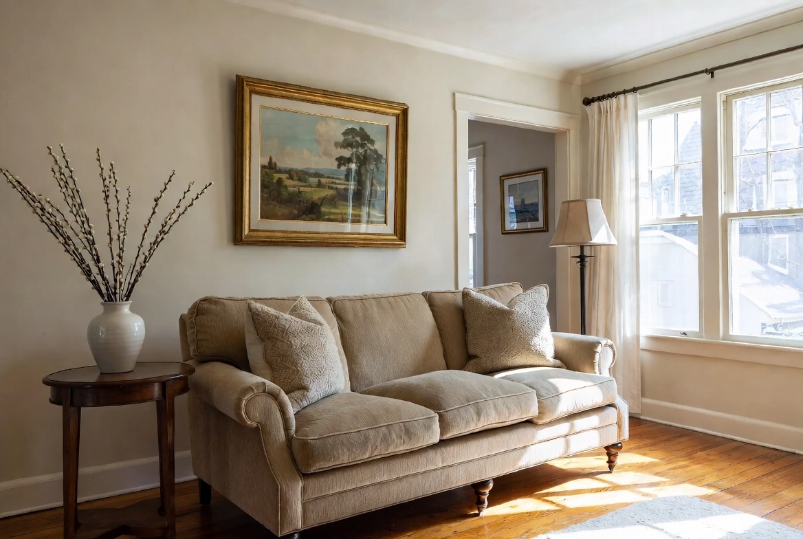 Traditional sofa in a bright living room with classic Southern home styling