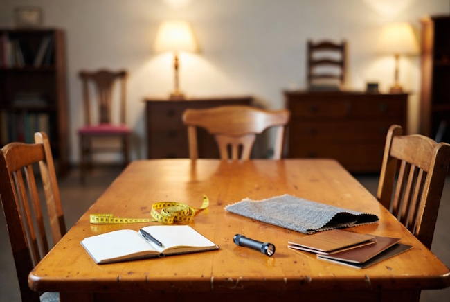 Used furniture shopping questions with a notebook, measuring tape, and fabric samples
