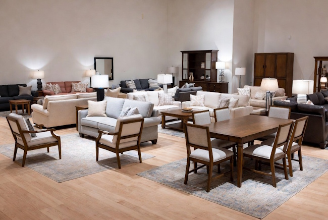 Value-focused furniture showroom with living room and dining room options